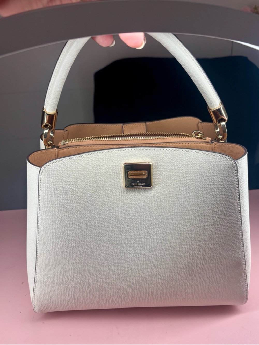 kate spade White and Tan Top-Handle Satchel with Gold Hardware